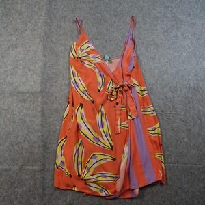 Farm Rio Dress Womens Large Orange Banana Wrap Mini V-Neck Tropical Sleeveless